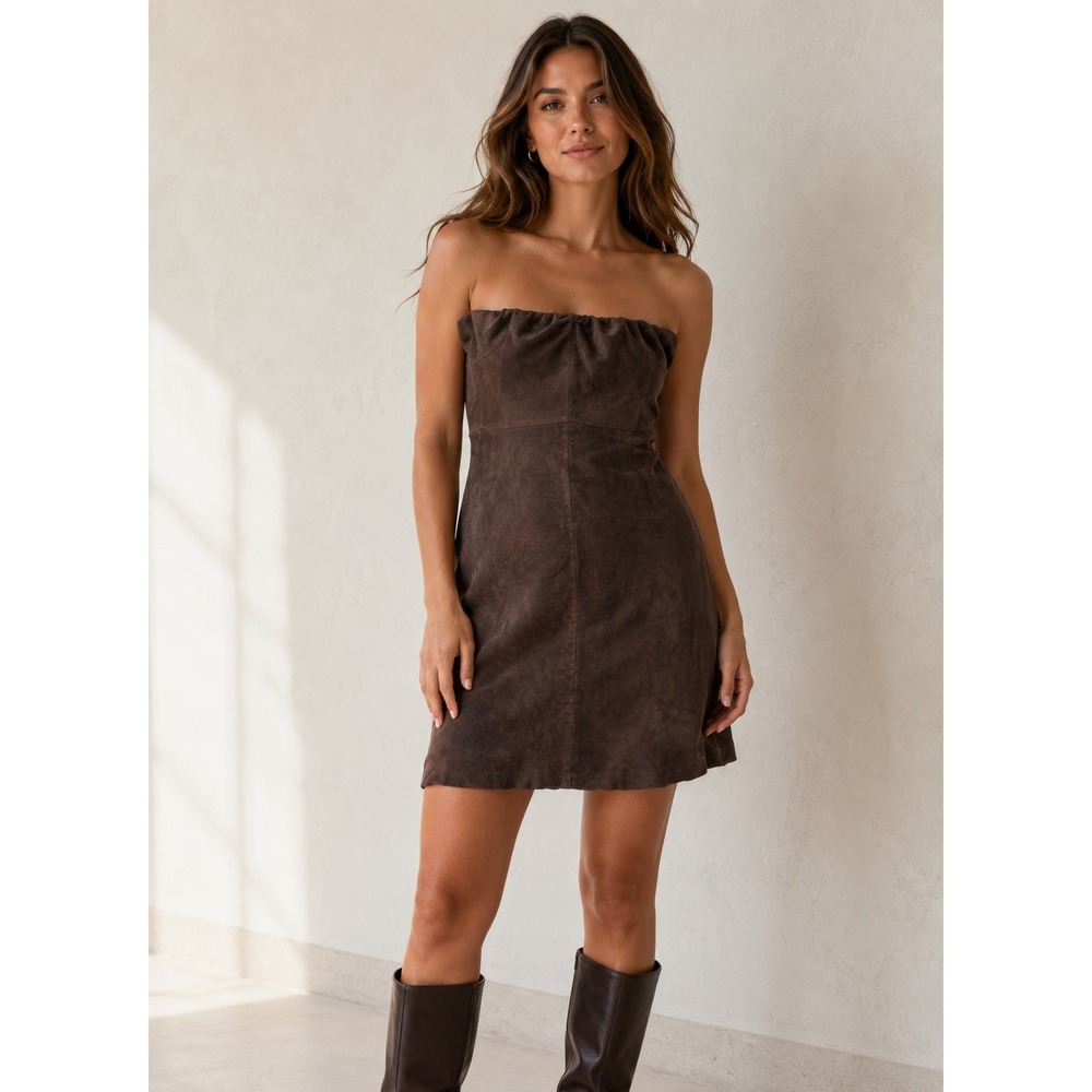 Tahari Suede Y2K Vtg Leather Strapless Midi Brown Dress S Minimalist Earthy Chic